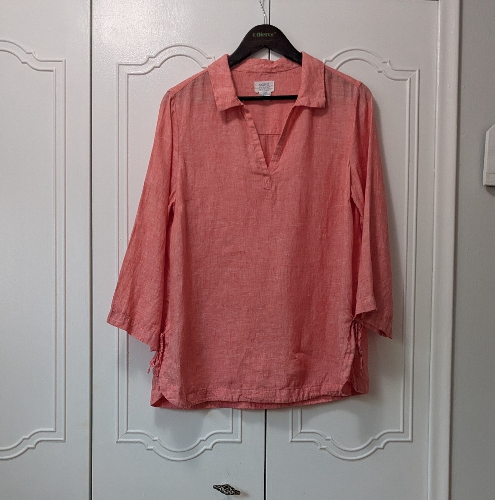 Sigrid Olsen Women's Coral V-Neck Tunic Blouse 100% Linen 3/4 Sleeves Size M